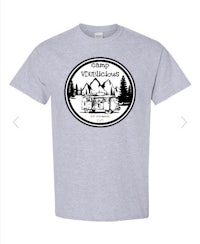 a gray t - shirt with the logo of a cabin in the woods